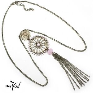 Vintage Medallion Necklace Tiny Pastel Beads Chain Tassel 32" long - Hey Viv